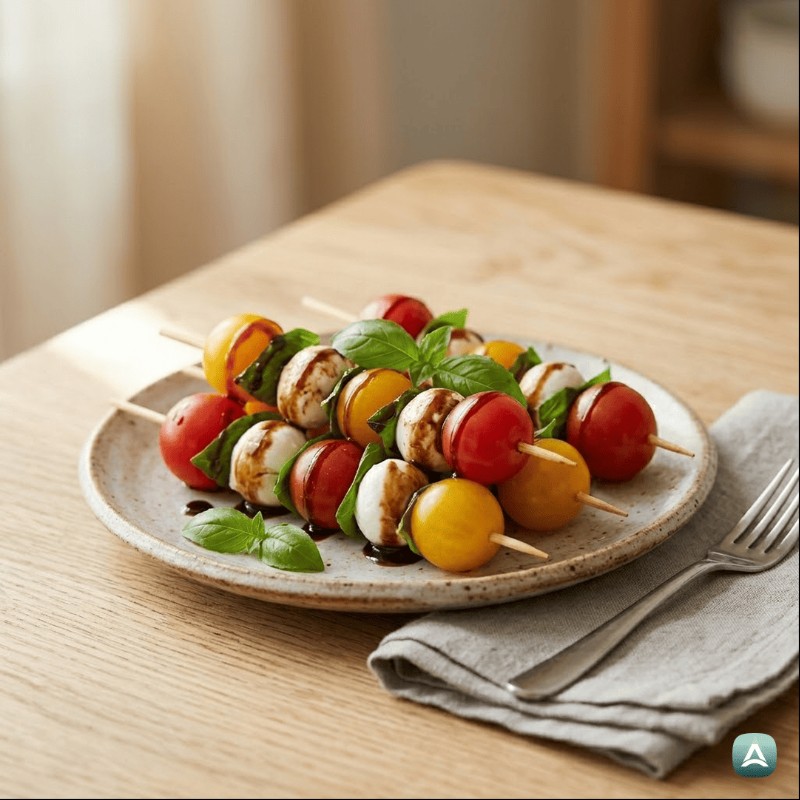 Erfrischende Spieße mit Tomaten, Mozzarella und hausgemachter Balsamico-Reduktion