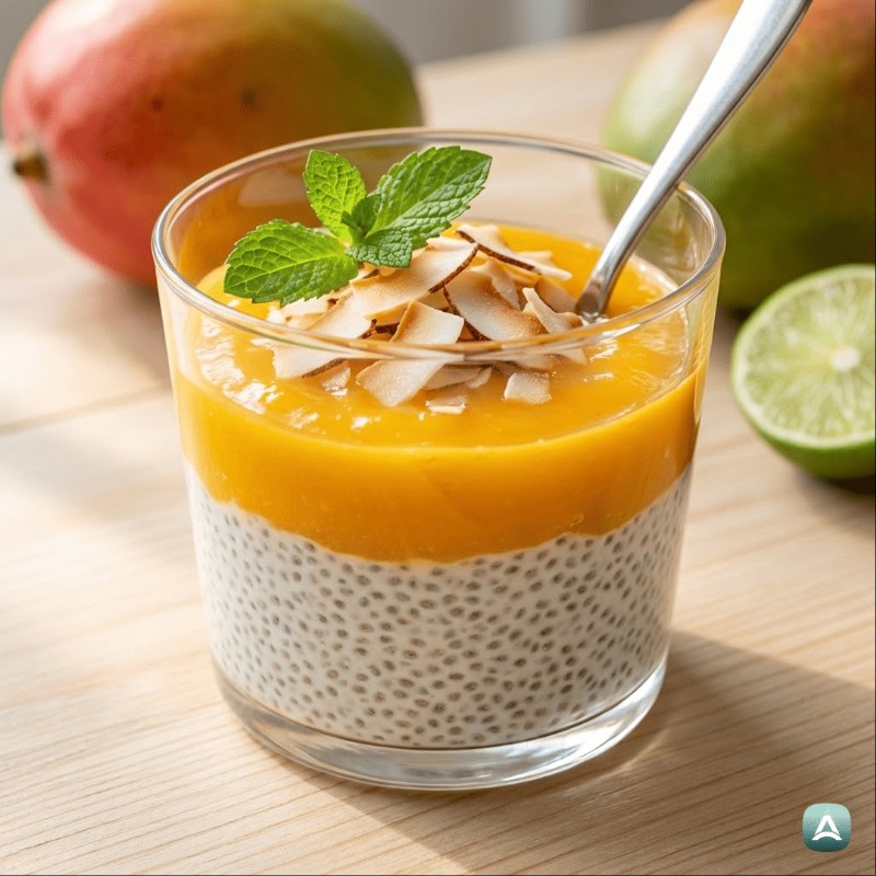 Tropischer Chia-Pudding mit Kokosmilch und erfrischender Mango