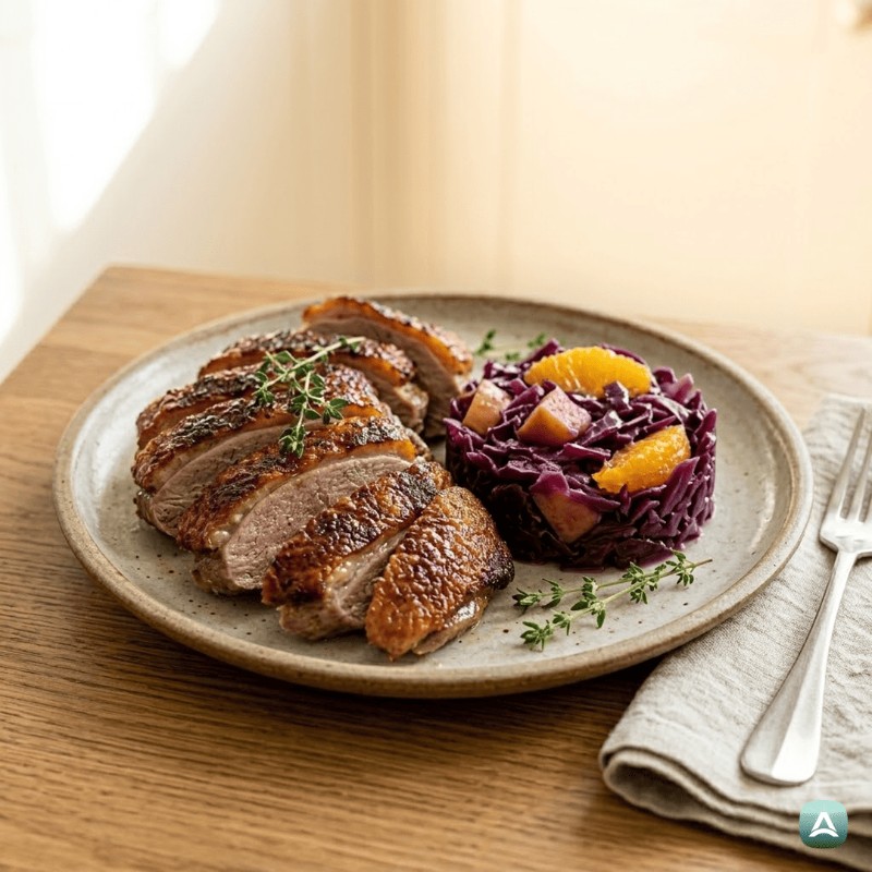 Knusprig gebratene Ente mit Rotkohl und Äpfeln