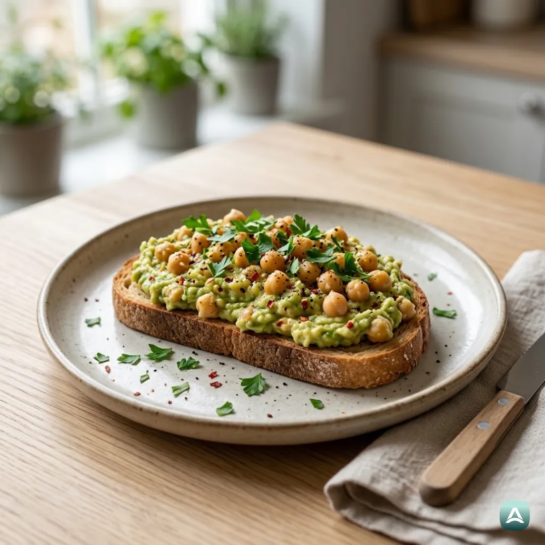 Vollkorntoast mit zerdrückten, würzigen Kichererbsen und Avocado
