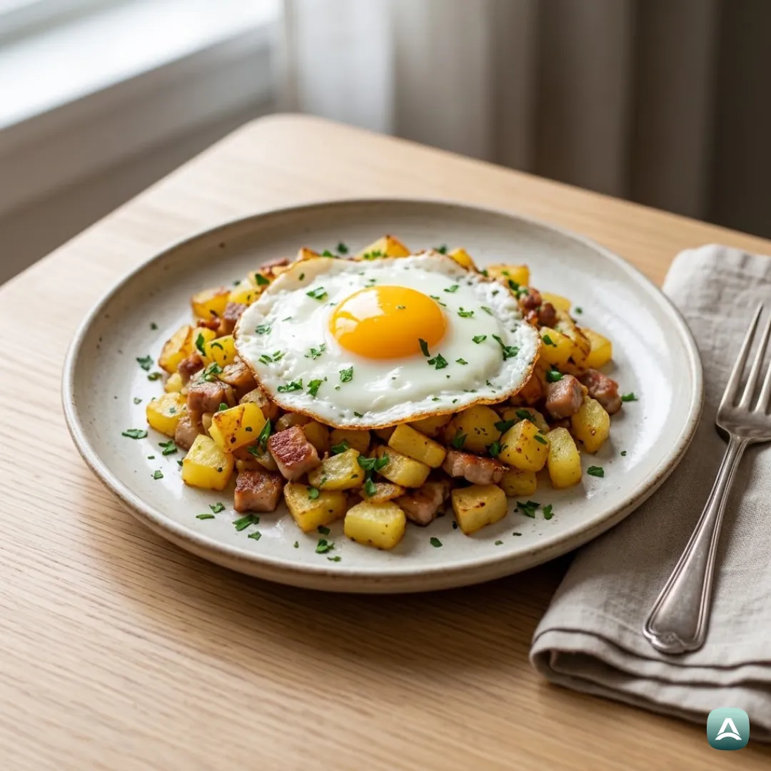 Bratkartoffeln mit Schweinefleisch und Ei