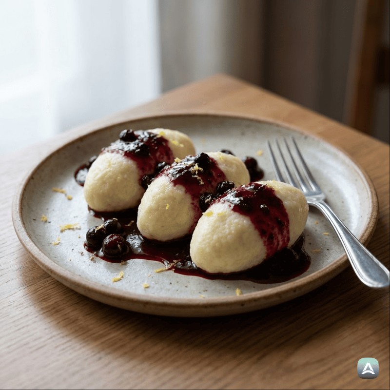 Fluffige Topfenknödel mit Dinkelgrieß und heißen Waldfrüchten