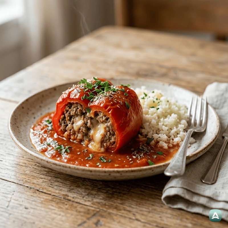 Gefüllte Paprika mit Blumenkohlreis in Tomatensoße