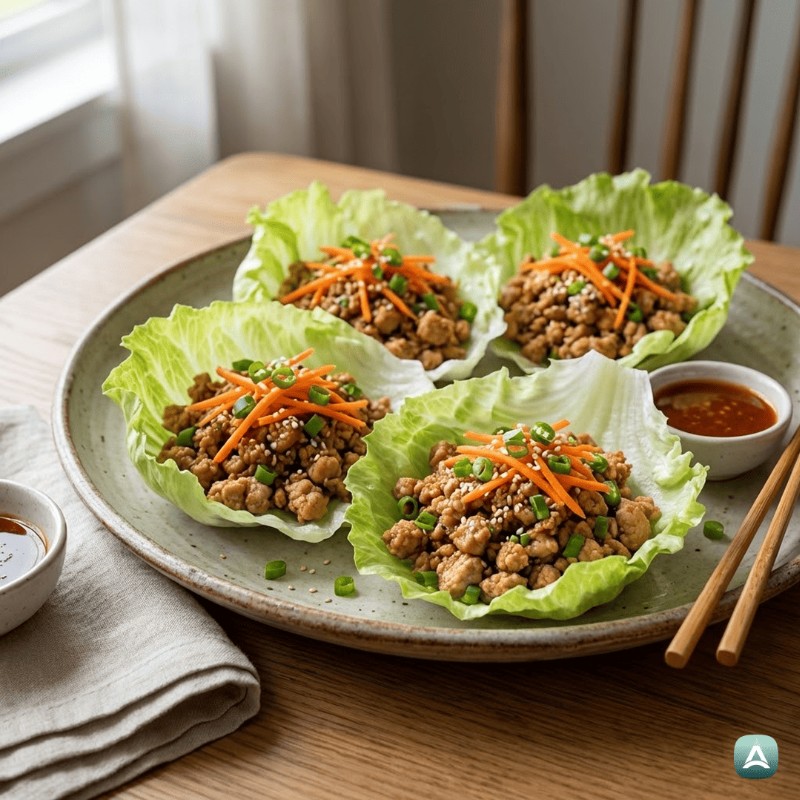 Asiatische Hähnchen-Wraps im Salatblatt mit knackigem Gemüse