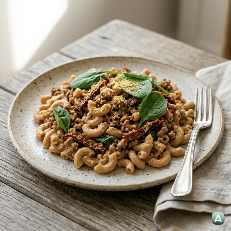 Makaroni s sušenimi paradižniki in veganskim mesom v kremni omaki