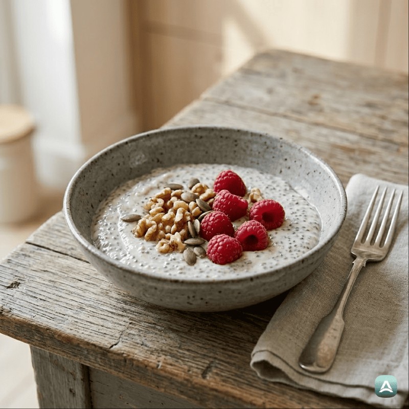 Chia-Schale mit Himbeeren und knusprigen Walnüssen