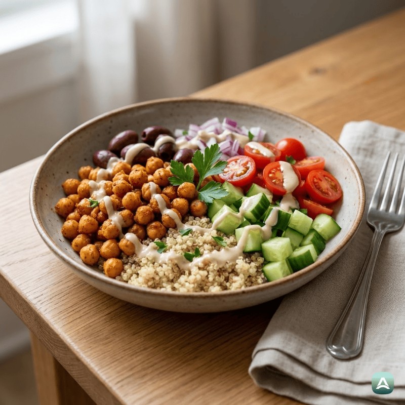 Hranljiva mediteranska skleda s hrustljavo čičeriko in tahini prelivom