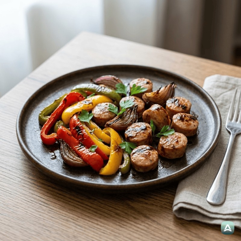 Sočna klobasa in pisana paprika iz pekača z balzamičnim pridihom