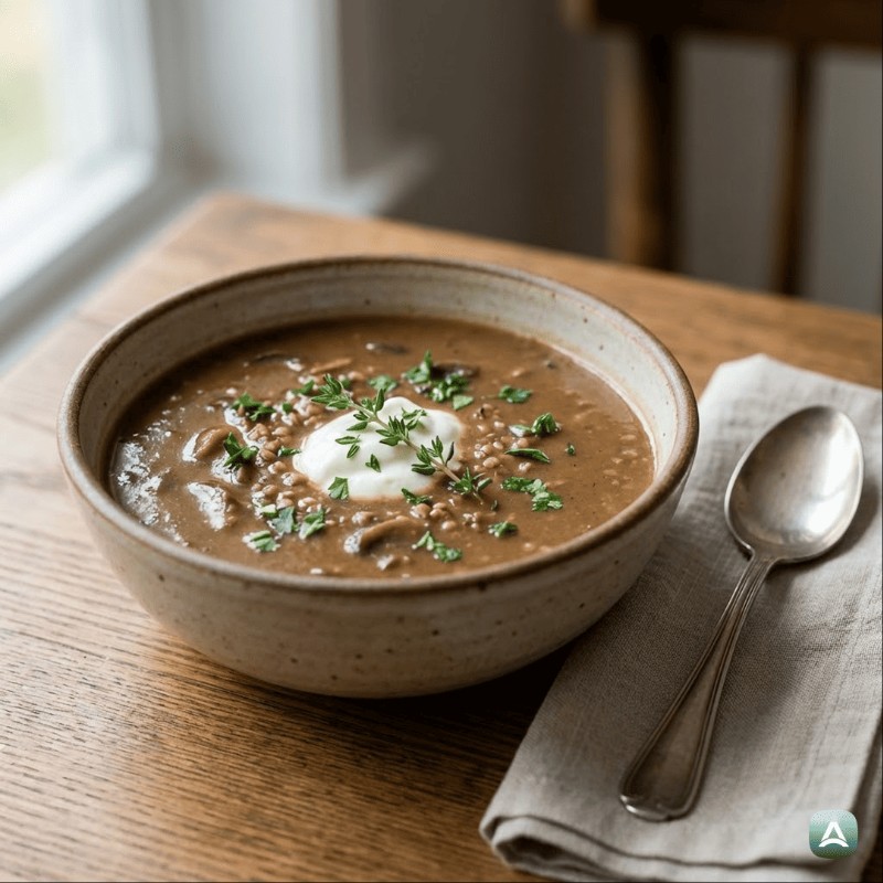 Pilzsuppe mit Buchweizengrütze und frischem Thymian