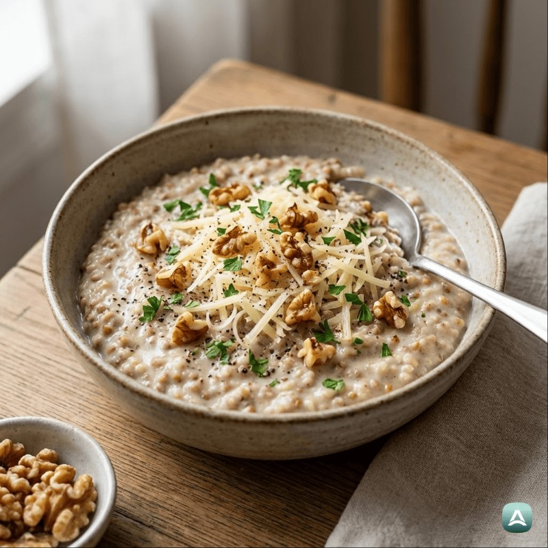 Cremiger Buchweizengrütze mit gebratenem Lauch, Räucherkäse und Walnüssen
