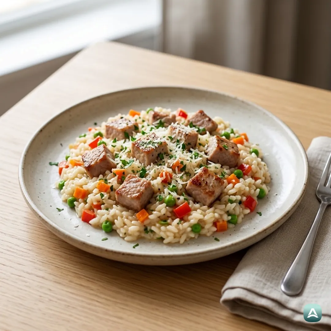 Risotto mit Schweinefleisch in einer Pfanne