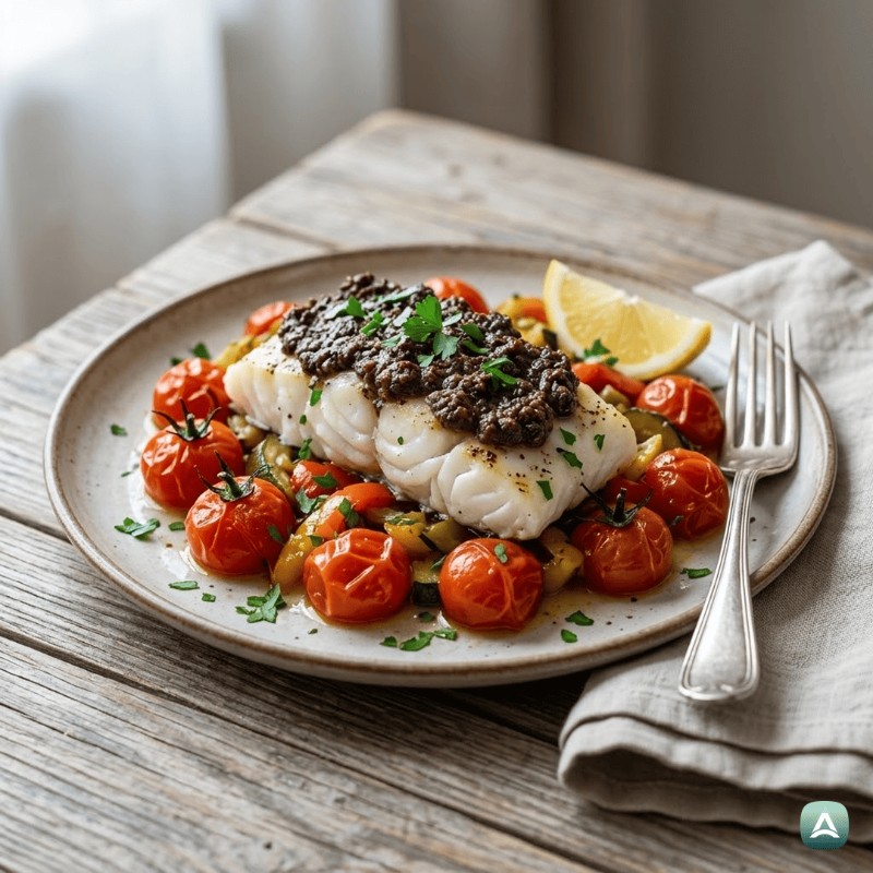 Gebratener Kabeljau mit hausgemachter Oliven-Tapenade und mediterranem Gemüse