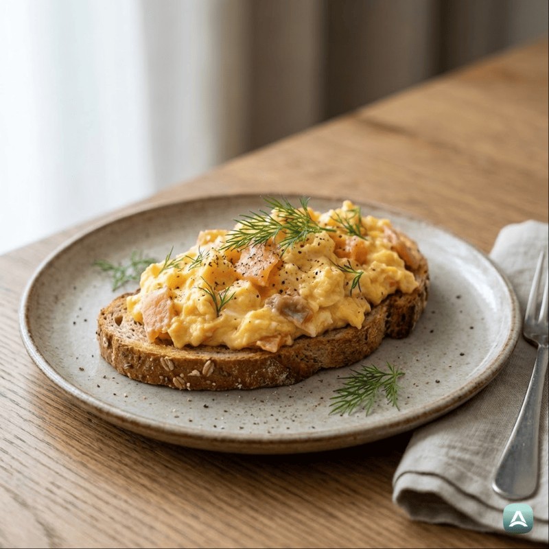 Cremiges Rührei mit Räucherlachs und frischem Dill