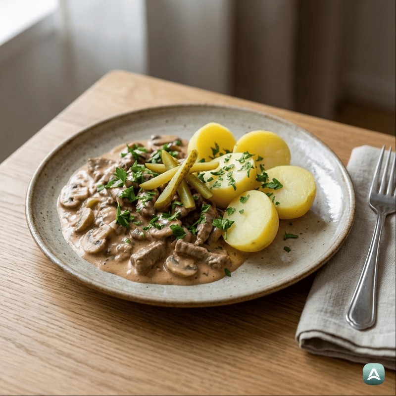 Rinderstreifen nach Strogonoff-Art mit gebratenen Champignons und Pellkartoffeln