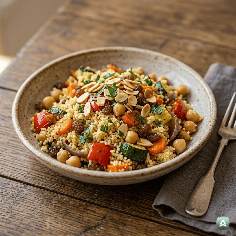 Marokkanischer Couscous mit gebackenem Gemüse, Kichererbsen und Mandeln