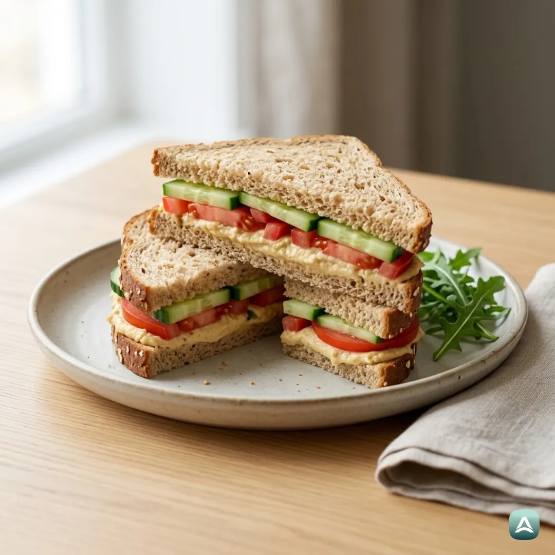 Sandwich mit Gurken, Tomaten und Hummus