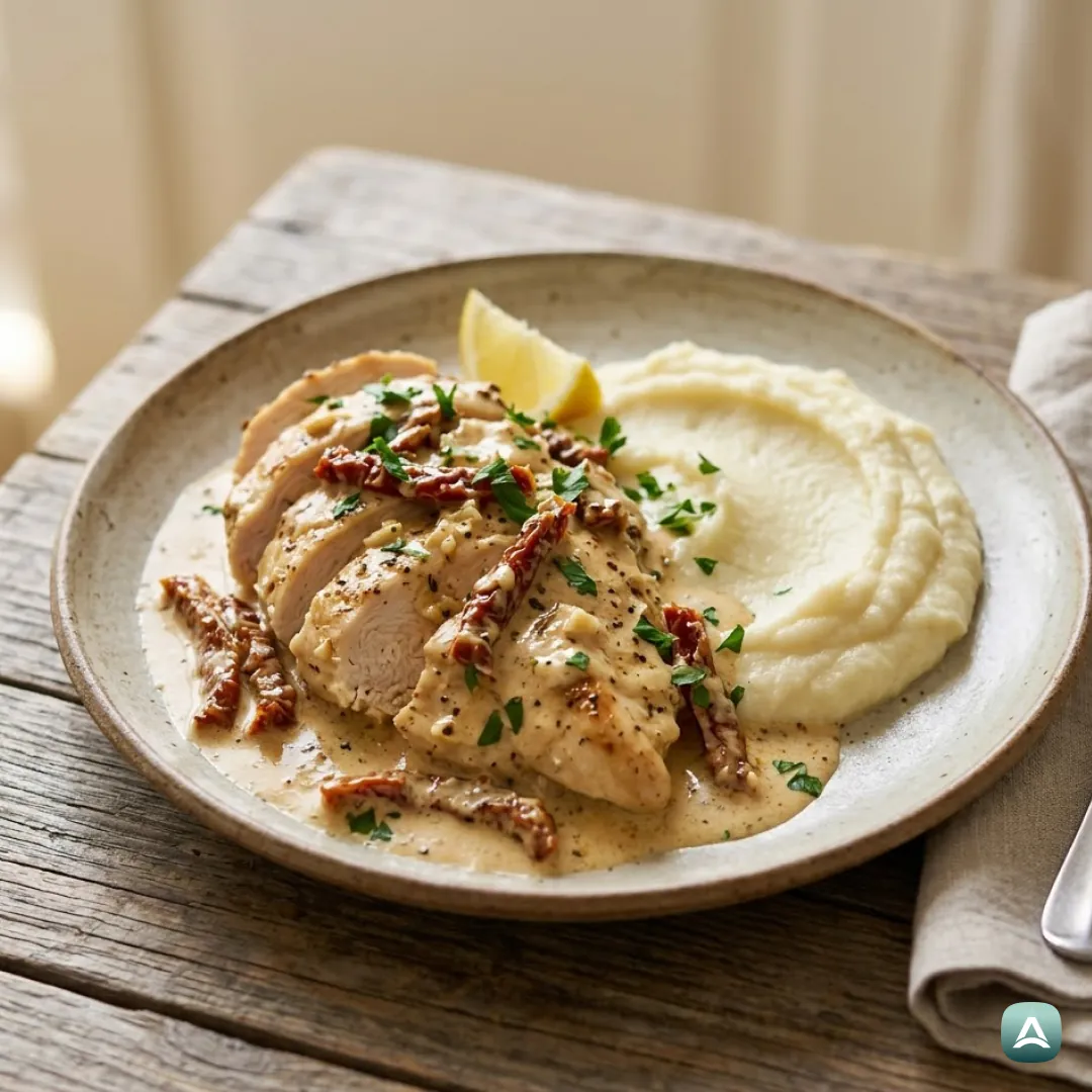 AT_Recipes_SaftigesHähnchenfiletInRahmsauceMitGetrocknetenTomatenUndBlumenkohlpüree_1
