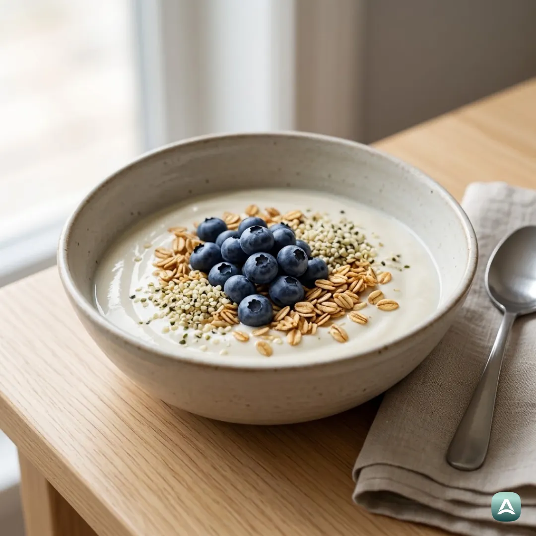 Sojajoghurt mit Hanfsamen, hausgemachtem Granola und frischen Blaubeeren