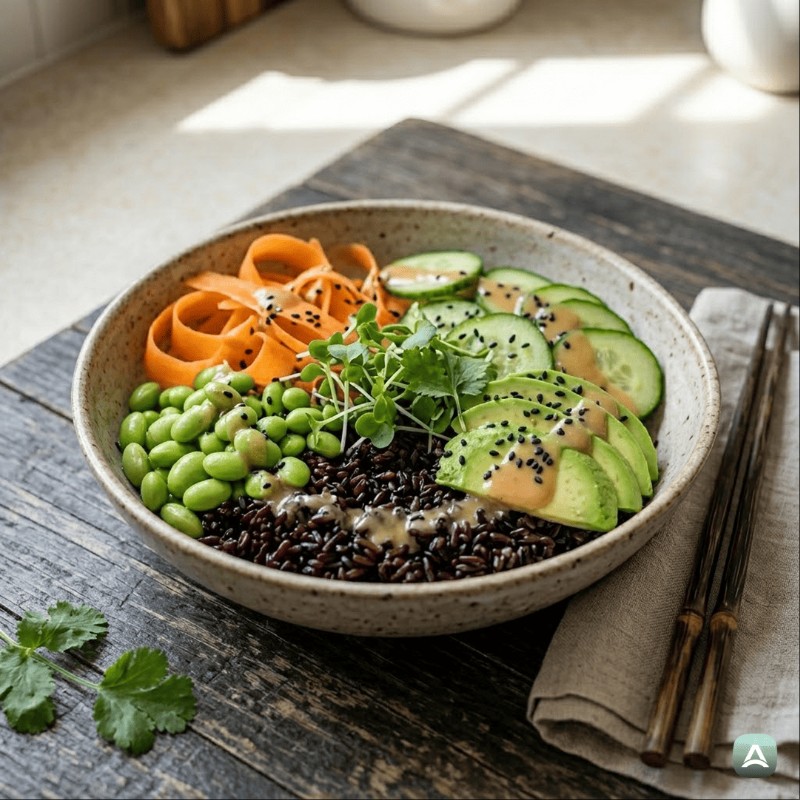 Nährstoffreiche Schüssel mit schwarzem Reis, Edamame und Miso-Dressing