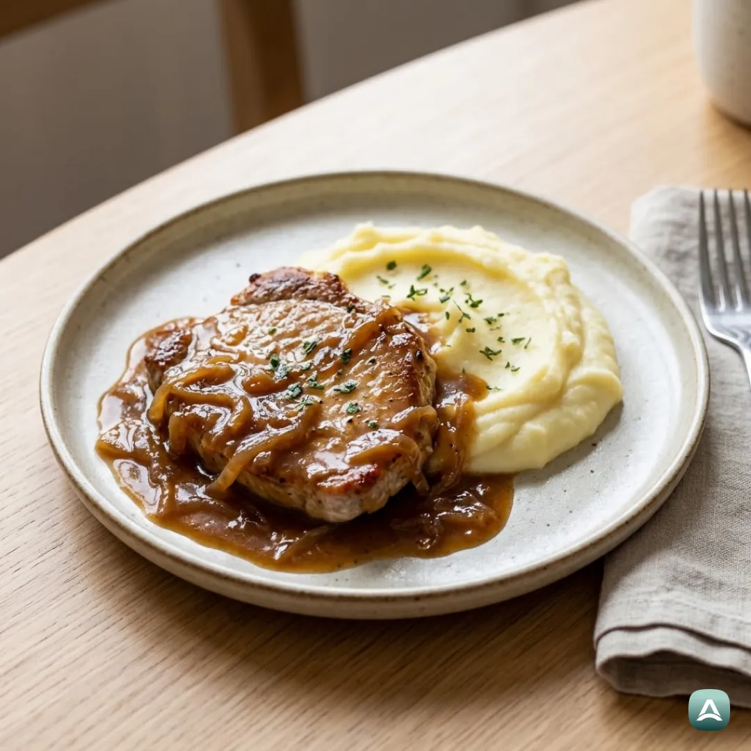 Schweinefleisch in Zwiebelsauce mit Kartoffelpüree