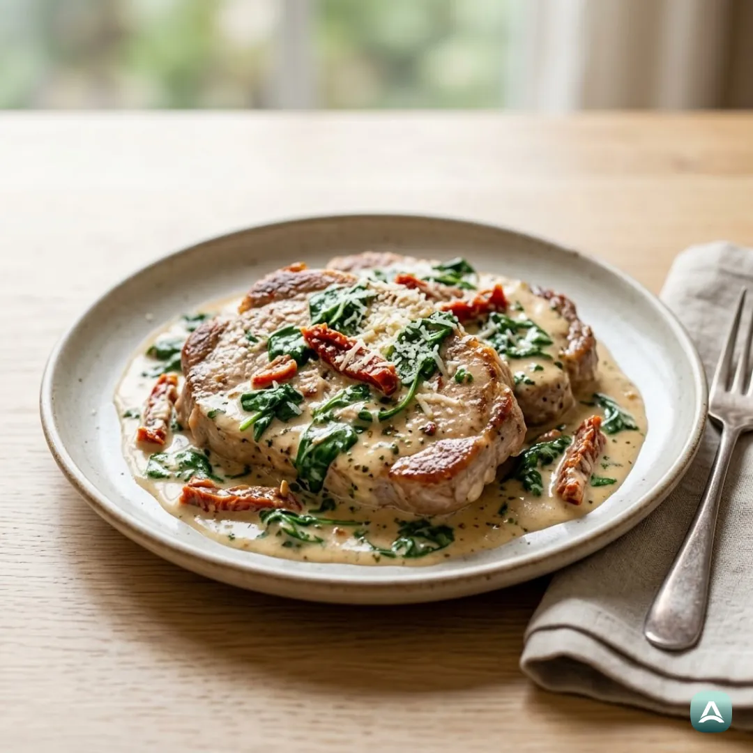 Schweineschulter in Rahmsauce mit Spinat und getrockneten Tomaten