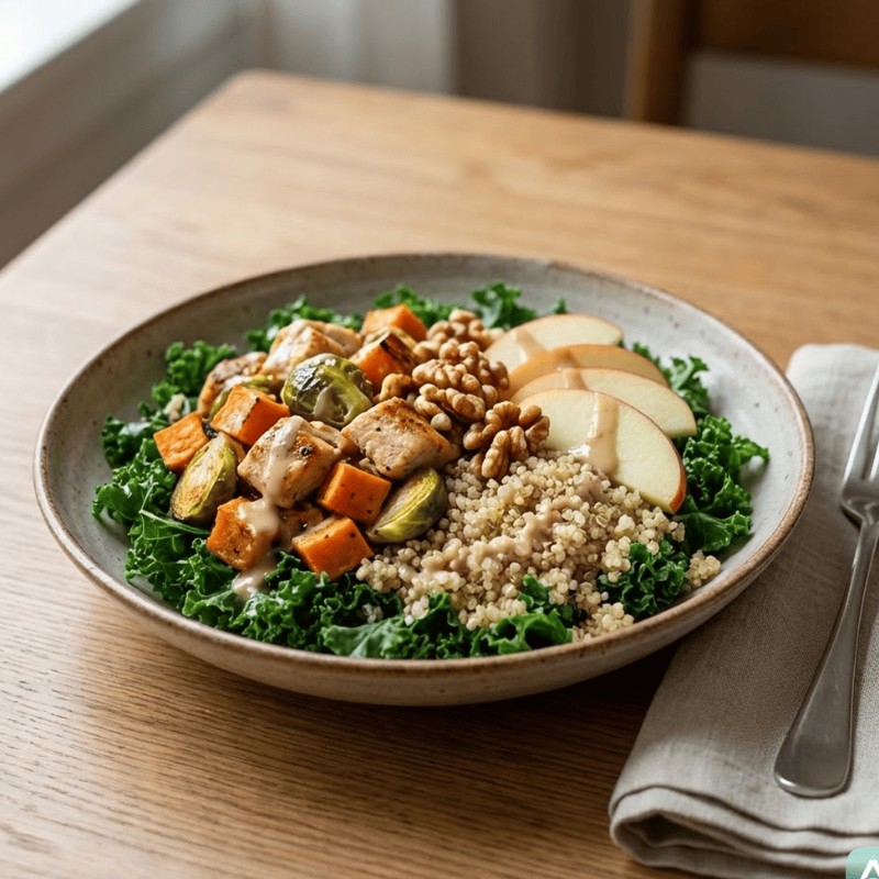 Herbstliche Bowl mit gebratenem Hähnchen, Süßkartoffel und Ahorn-Dressing