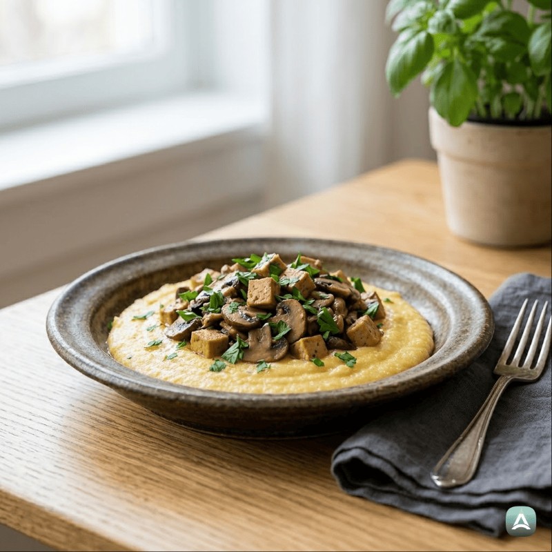 Kremna polenta z gobami in dimljenim tofujem