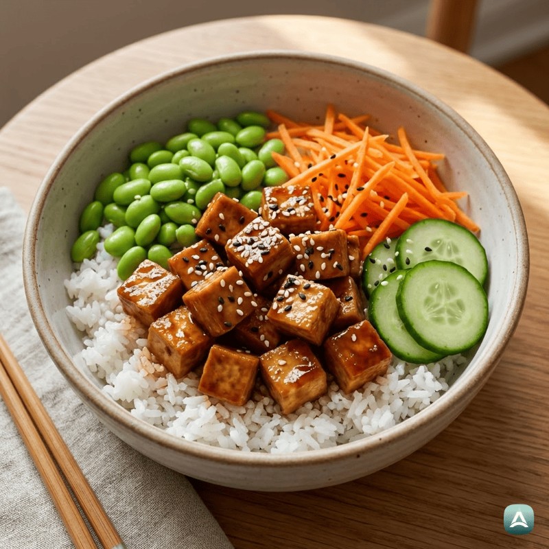 Reichhaltige vegane Reisschale mit Kokos und Teriyaki-Tofu