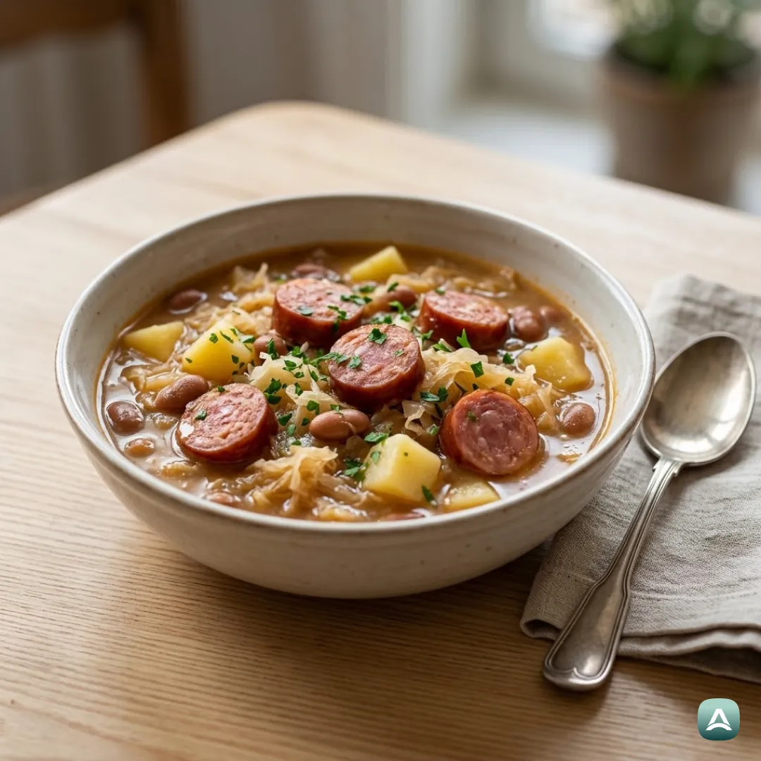 Traditioneller hausgemachter Sauerkrauteintopf mit Krainer Wurst