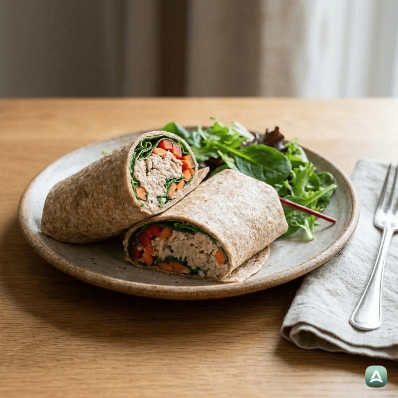 Vollkorn-Wrap mit Thunfisch, knackigem Gemüse und leichtem Joghurtdressing