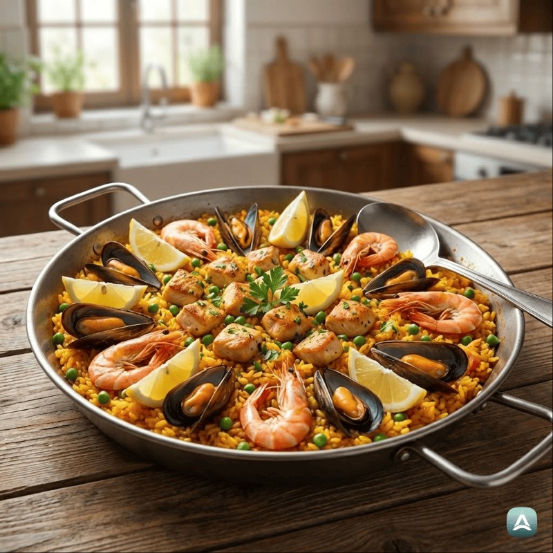 Authentische spanische Paella mit Meeresfrüchten, Huhn und Safran
