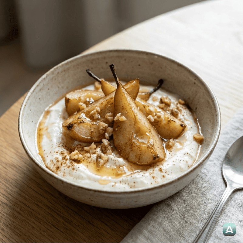 Skyr-Schale mit gebratener Birne und Walnüssen