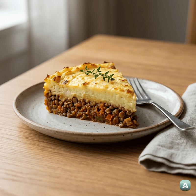 Reichhaltige vegane Shepherd's Pie mit Linsen und Blumenkohlpüree