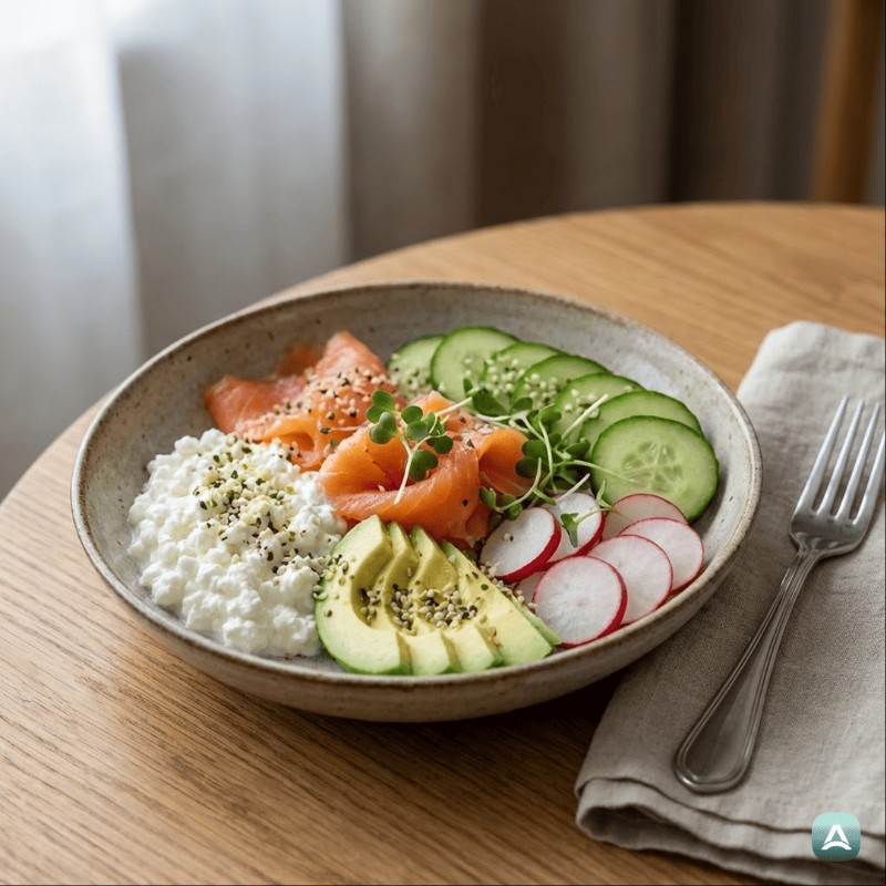 Nährstoffreiche Bowl mit Hüttenkäse, geräuchertem Lachs und Avocado