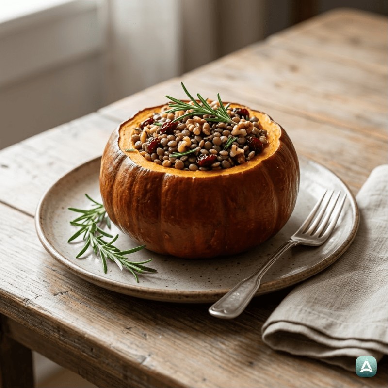 Kräuter-gefüllter Hokkaido-Kürbis mit Linsen, Walnüssen und Preiselbeeren
