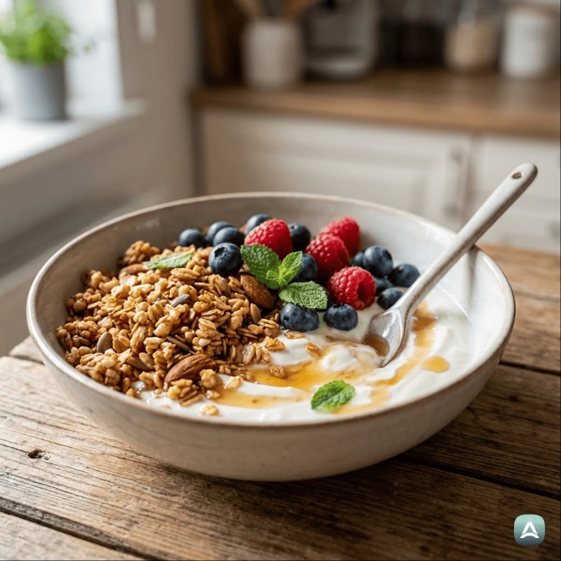 Hrustljava domača granola iz ekspandiranega riža z mandlji in semeni