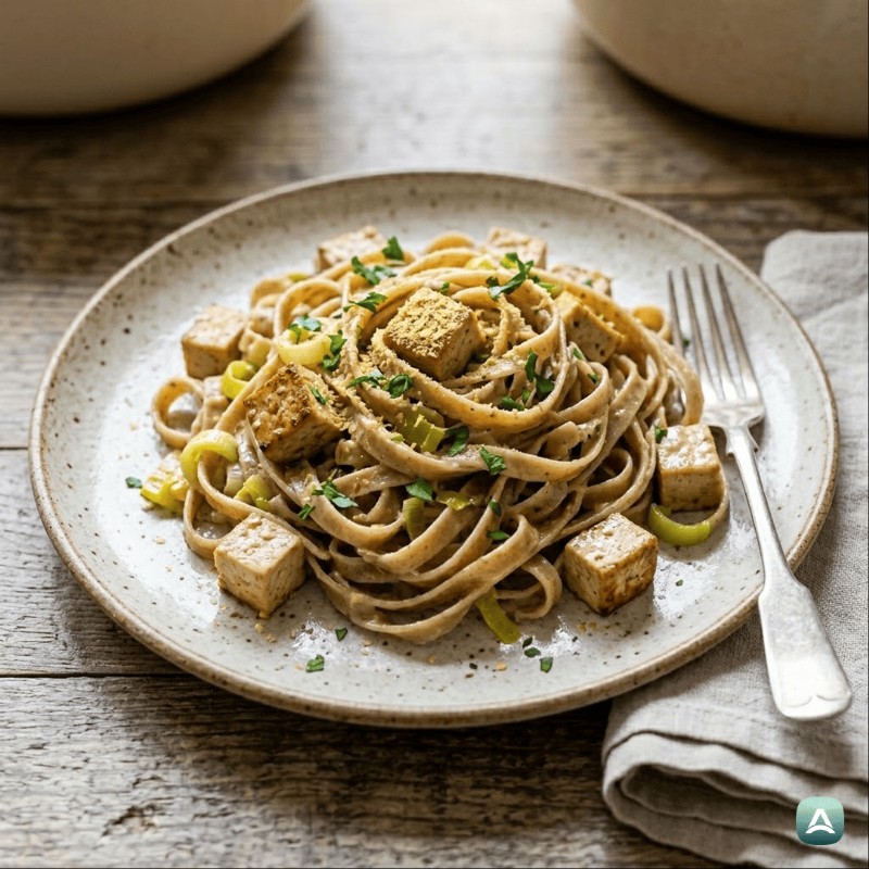 Cremige Bandnudeln mit geräuchertem Tofu und Lauch