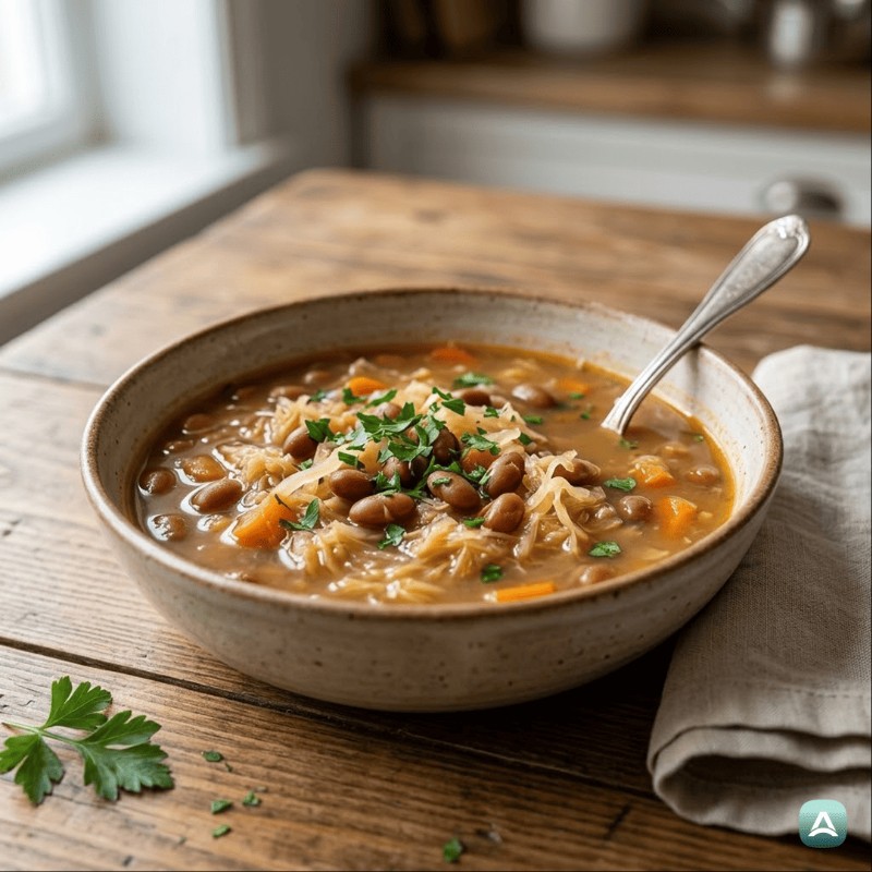 Hausgemachte Suppe mit Sauerkraut und Bohnen