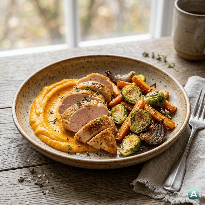 Saftiges Ofenhähnchen auf Kürbispüree mit knackigem Herbstgemüse