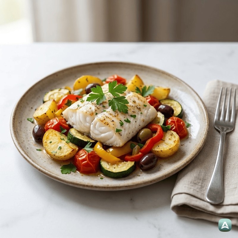 Saftiges Fischfilet mit mediterranem Gemüse und Zitronen-Dressing aus dem Ofen