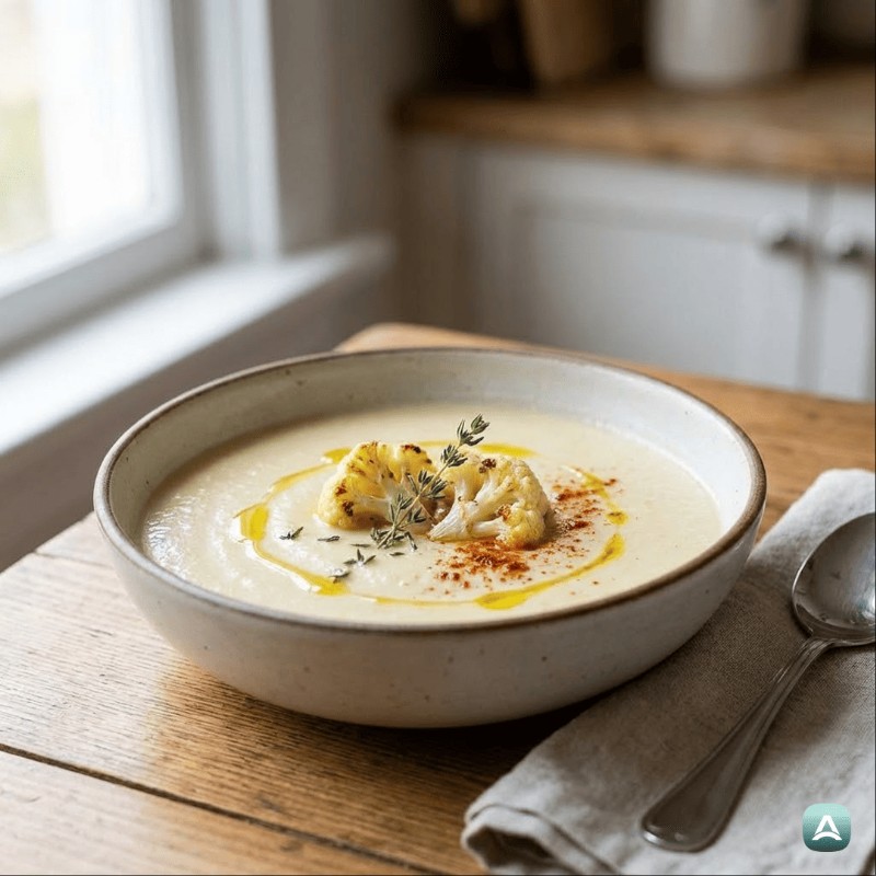 Cremesuppe aus gebackenem Blumenkohl mit gebackenem Knoblauch und Thymian