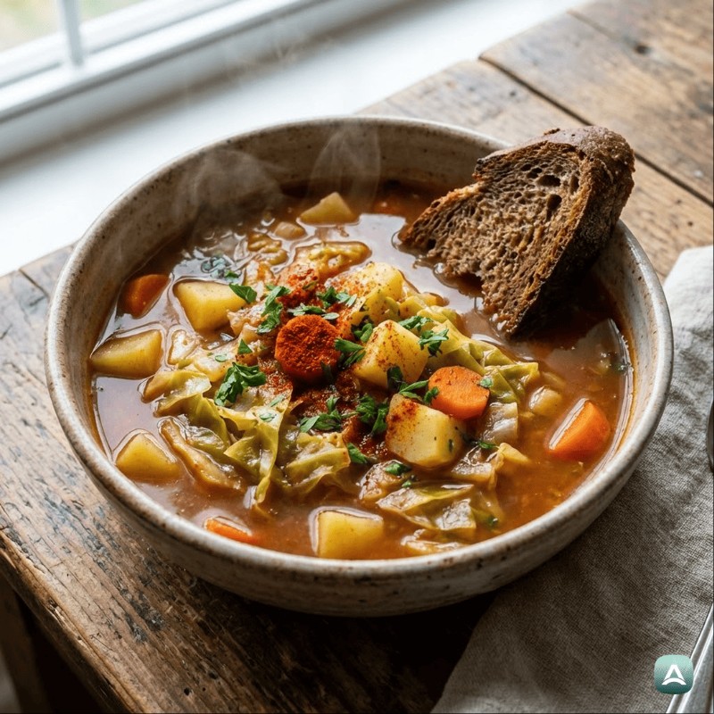 Krautsuppe mit Kartoffeln und geräuchertem Paprika