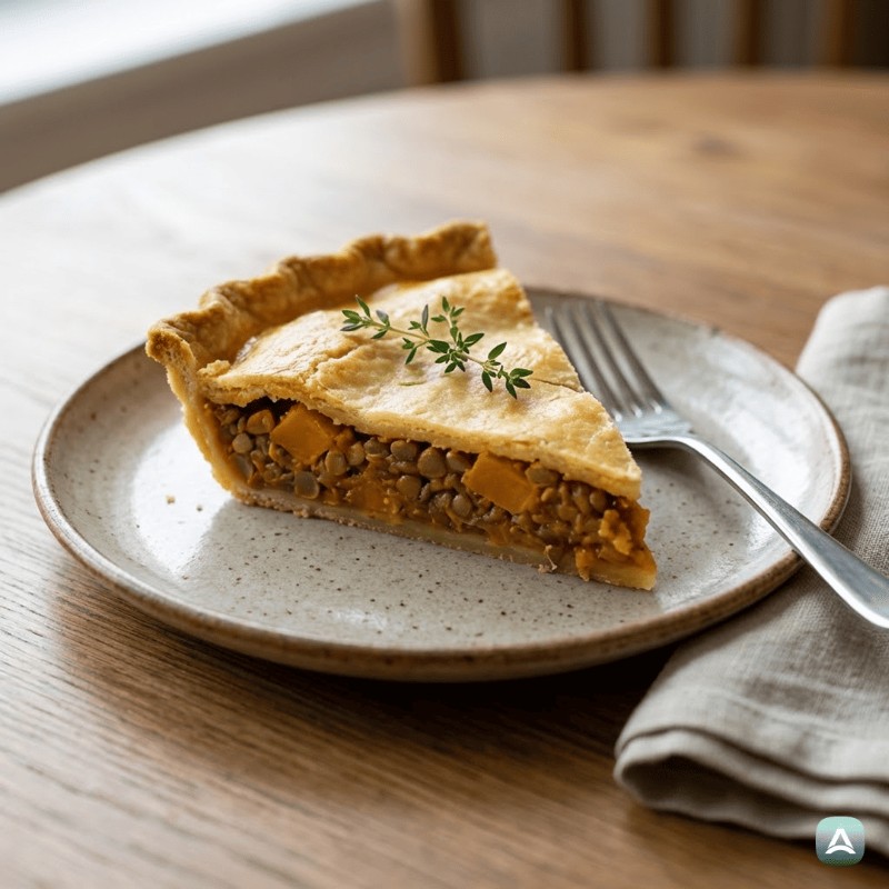 Reichhaltige Linsen-Pie mit Muskatkürbis und frischen Kräutern