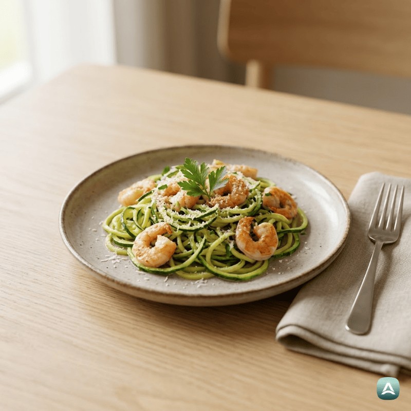 Zucchini-Nudeln mit Garnelen in Knoblauchbutter mit Zitrone
