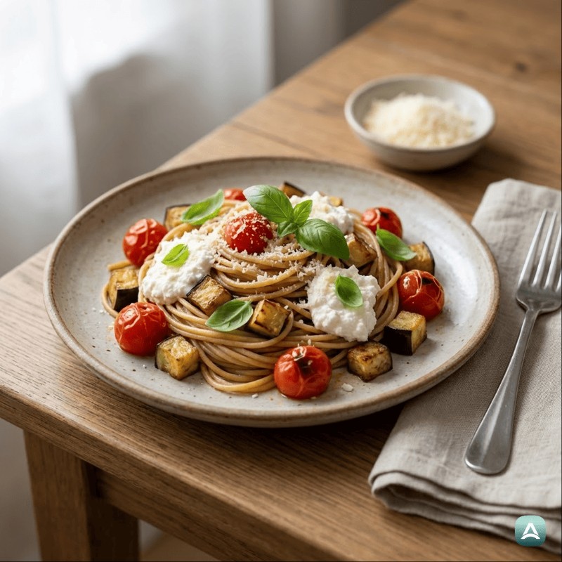 Vollkornspaghetti mit gebackenen Auberginen, Tomaten und cremiger Ricotta