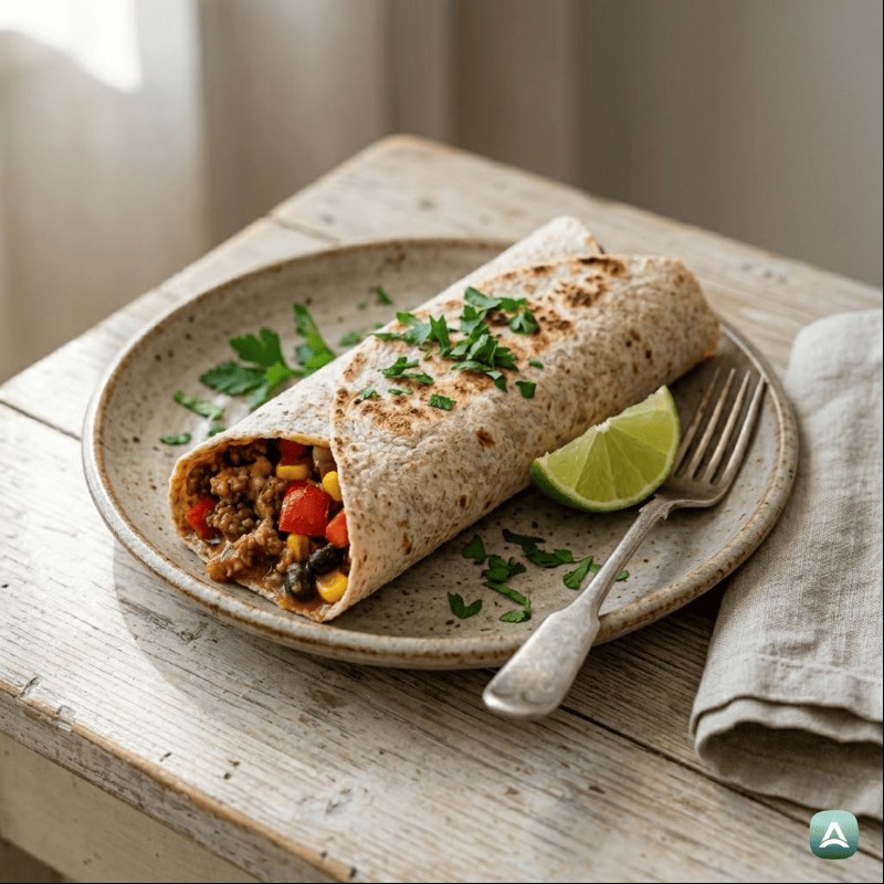 Hausgemachte Vollkorn-Tortilla mit saftigem Rindfleisch und buntem Gemüse