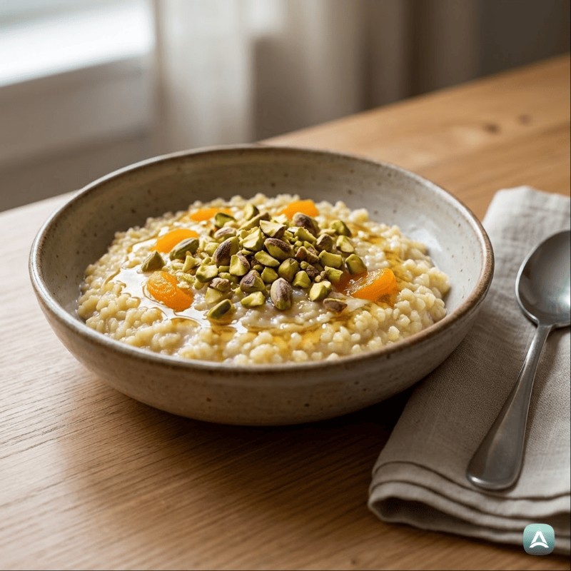 Kremni bulgur na mleku z medom, marelicami in pistacijami