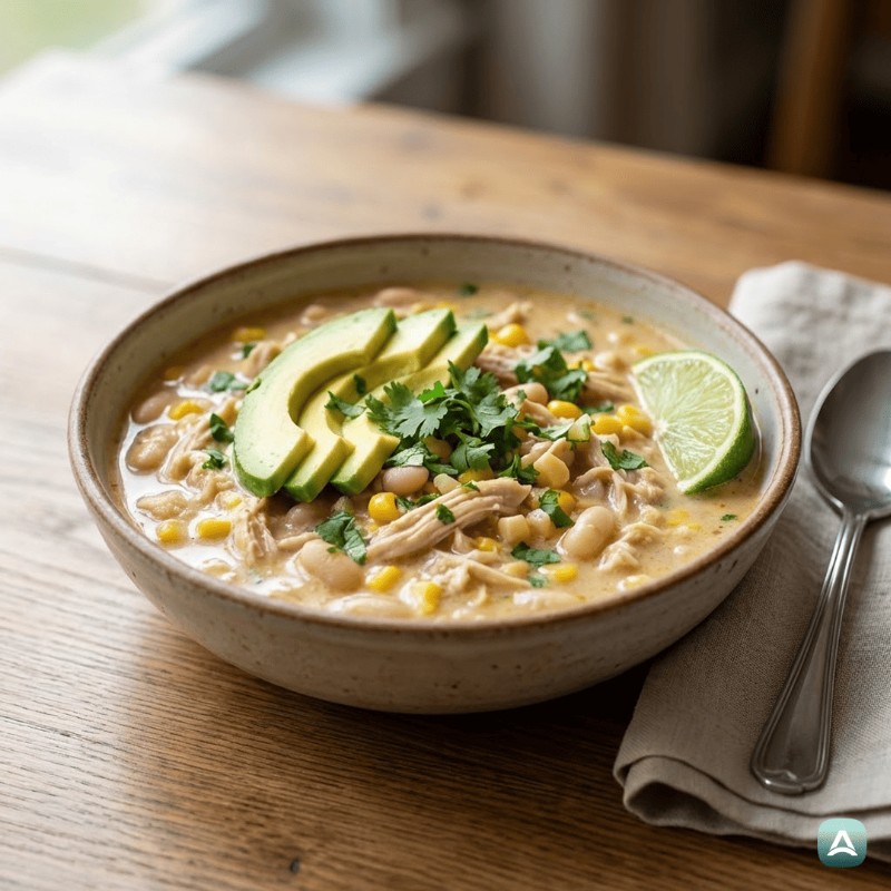 Cremiges weißes Hähnchen-Chili mit tropischem Touch und frischer Limette