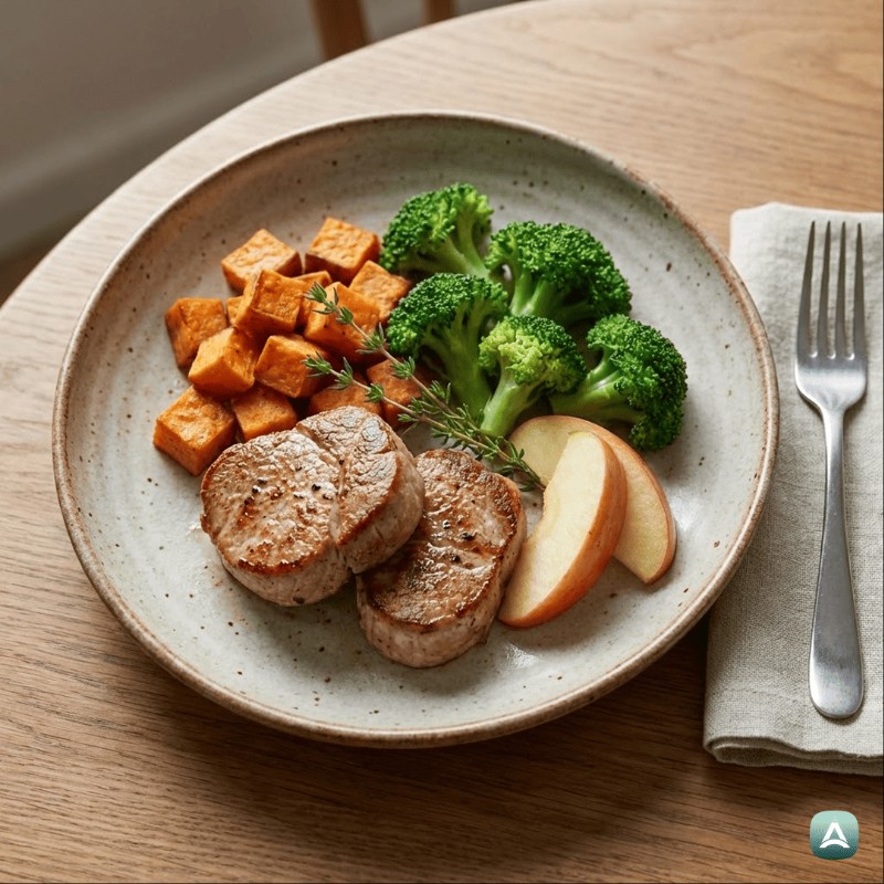 Saftige Schweinemedaillons mit gebackenem Süßkartoffeln, Brokkoli und Äpfeln