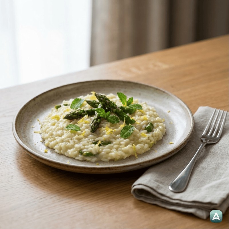 Perfektes cremiges Risotto mit jungem Spargel, Zitrone und frischer Minze